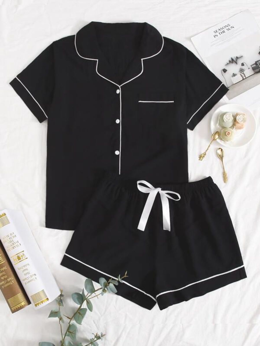 Lapel Design Contrast Binding Tie Front Pajama Set