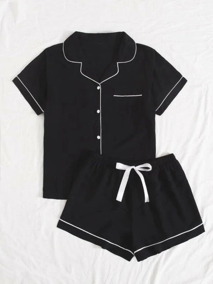 Lapel Design Contrast Binding Tie Front Pajama Set