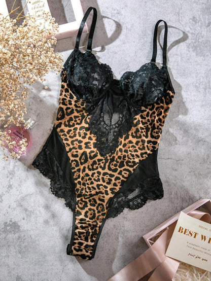 Leopard Print Contrast Lace Underwire Teddy Bodysuit