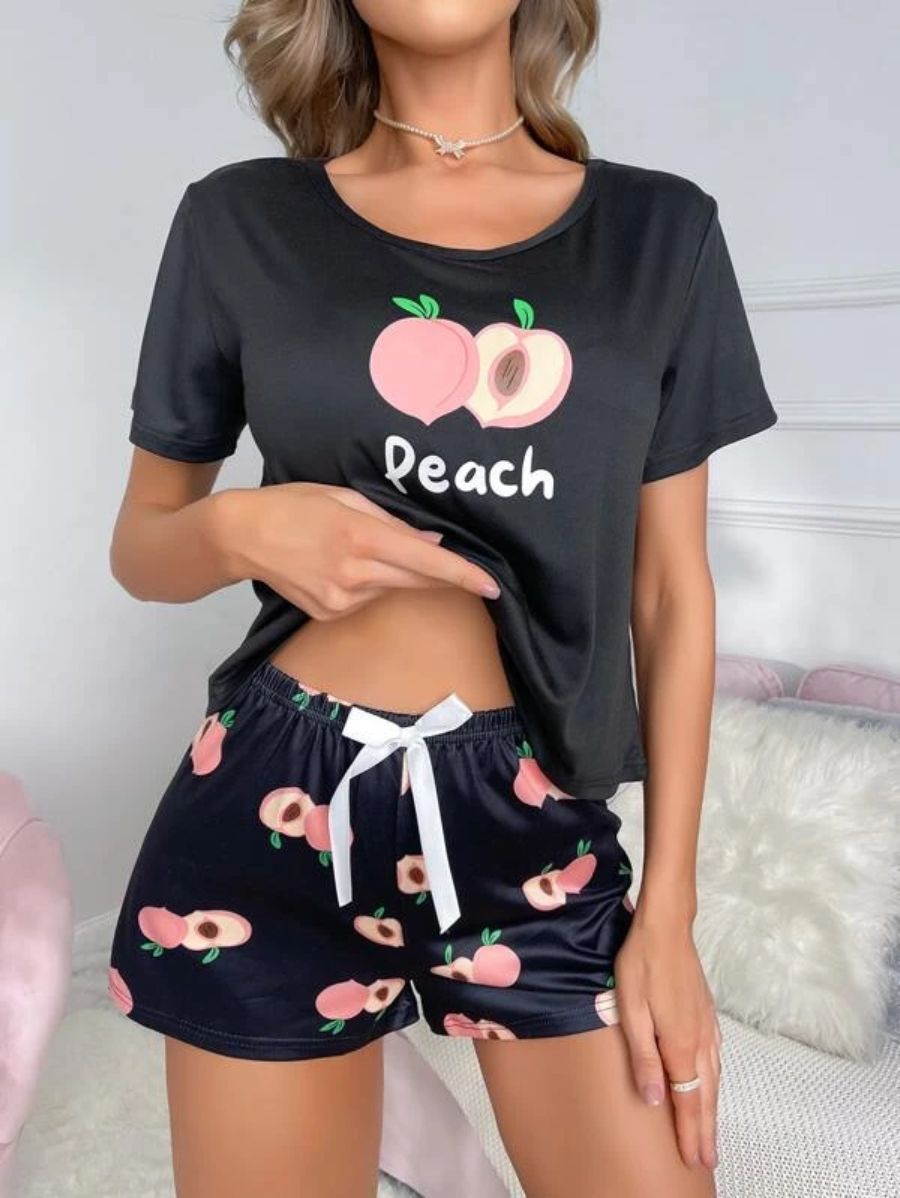 Letter And Fruit Print Bow Front PJ Set