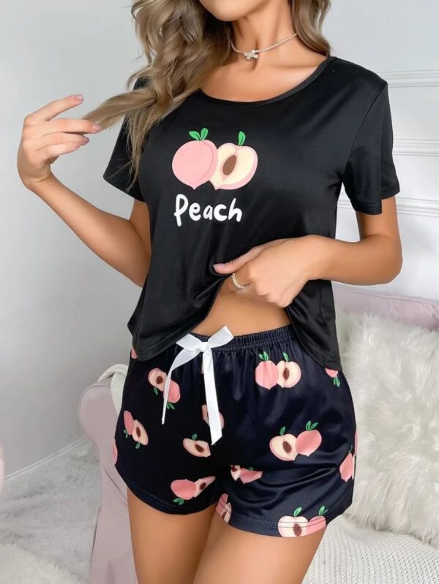 Letter And Fruit Print Bow Front PJ Set