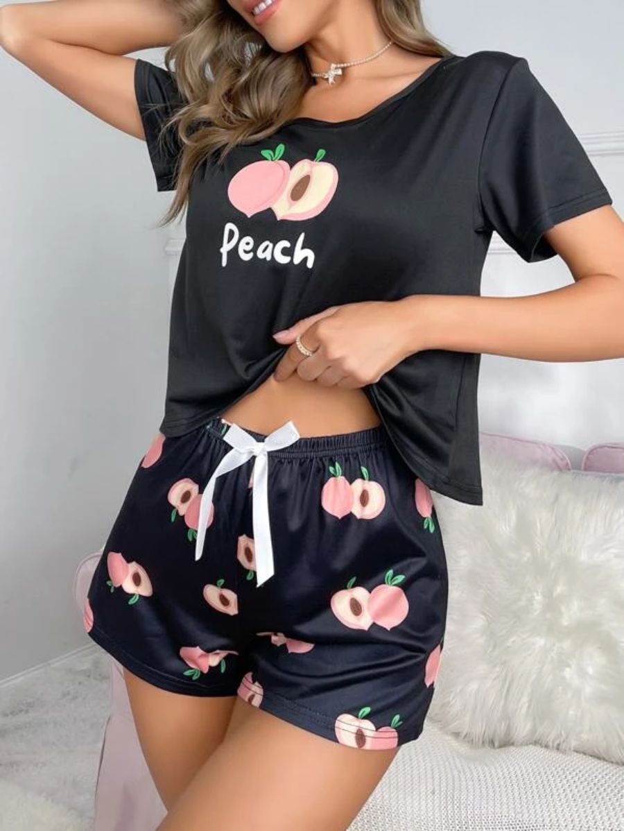 Letter And Fruit Print Bow Front PJ Set