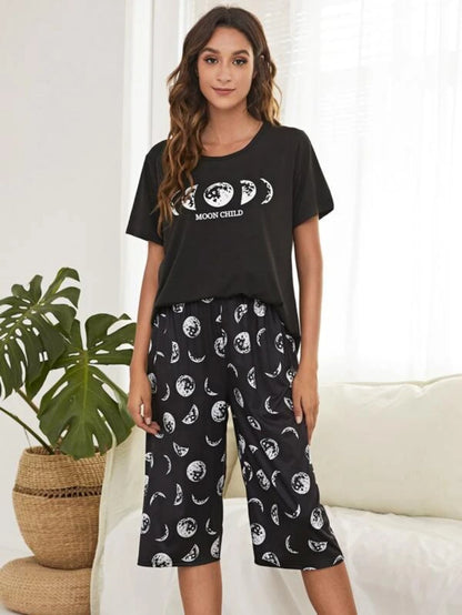 Letter And Moon Print Top And Pants Set