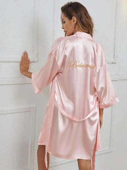 Letter Embroidered Belted Satin Bridesmaid Robe