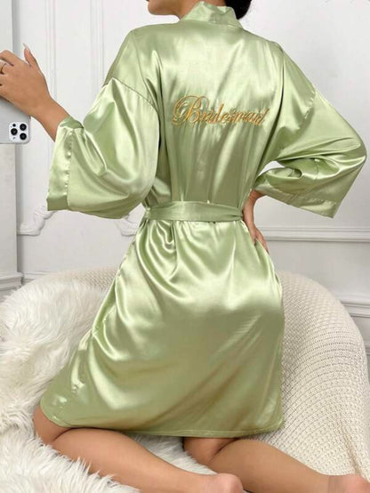 Letter Embroidered Belted Satin Bridesmaid Robe
