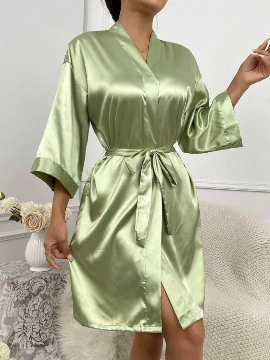 Letter Embroidered Belted Satin Bridesmaid Robe