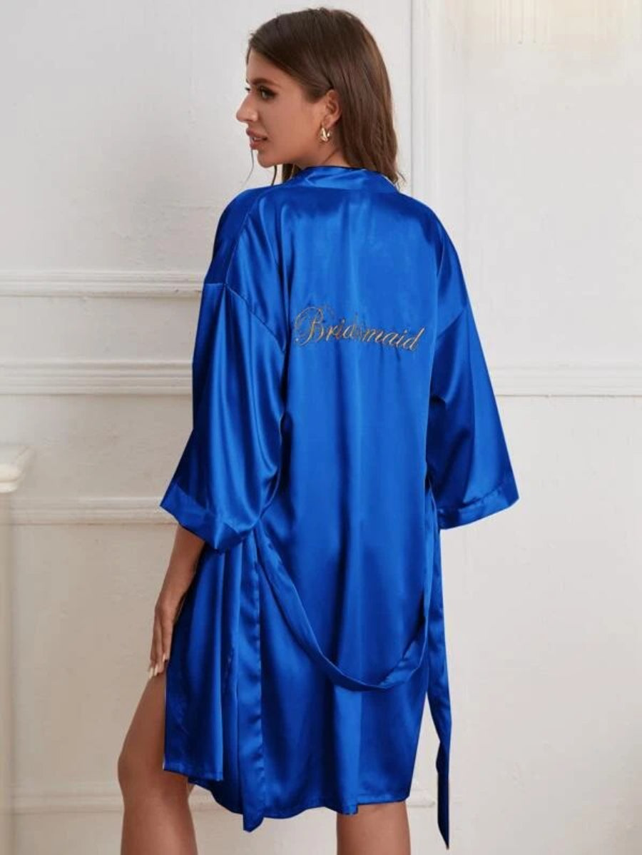 Letter Embroidered Belted Satin Bridesmaid Robe