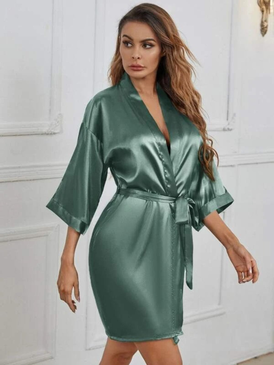 Letter Embroidered Belted Satin Bridesmaid Robe