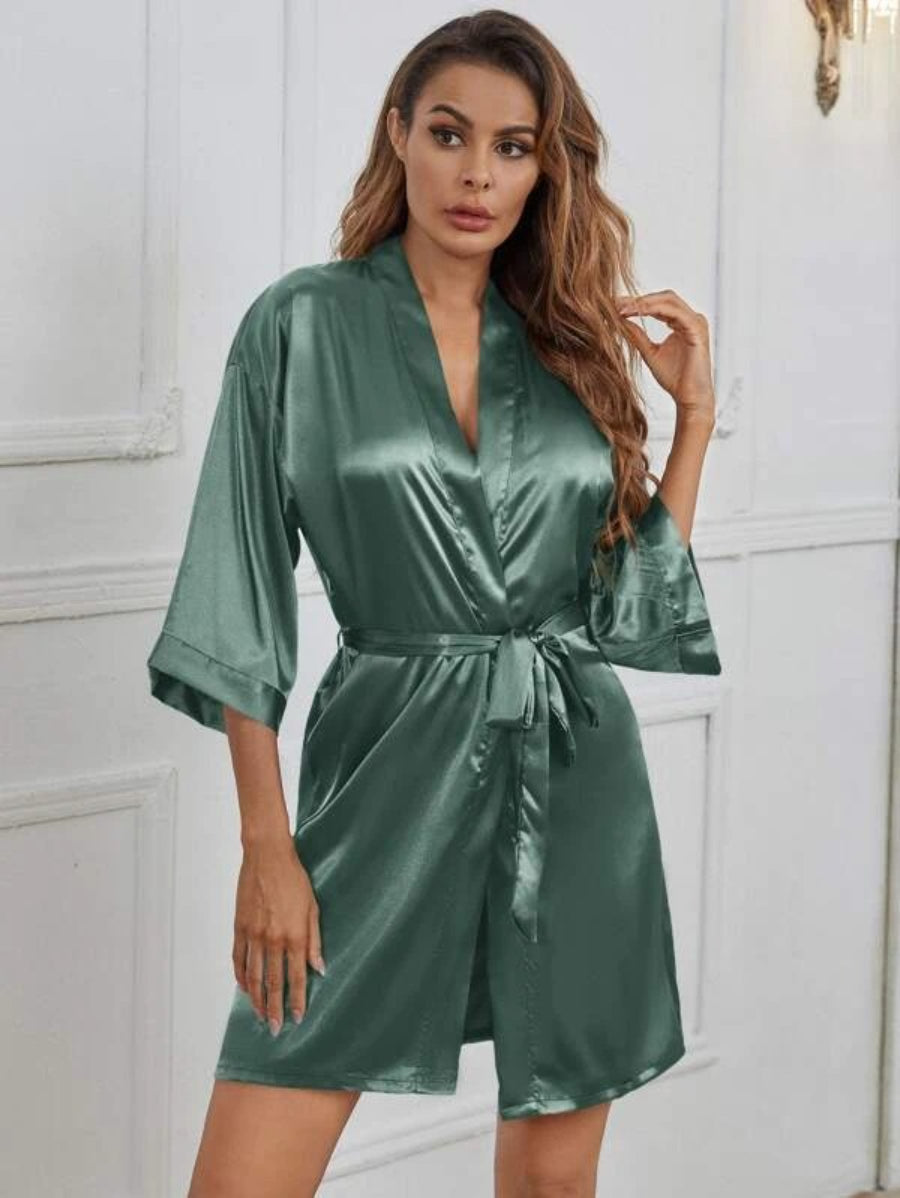 Letter Embroidered Belted Satin Bridesmaid Robe