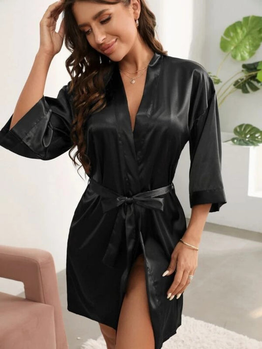 Letter Embroidered Belted Satin Bridesmaid Robe