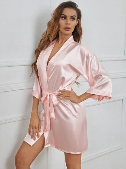 Letter Embroidered Belted Satin Bridesmaid Robe