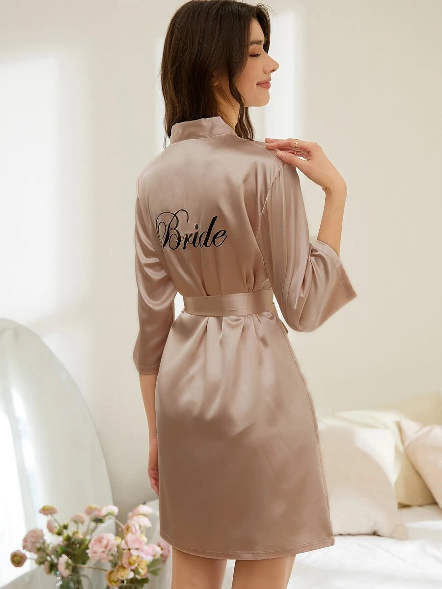 Letter Embroidery Belted Satin Bride Robe