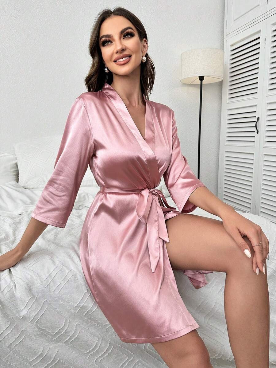 Letter Embroidery Belted Satin Bride Robe