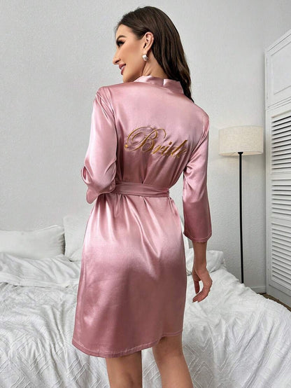 Letter Embroidery Belted Satin Bride Robe