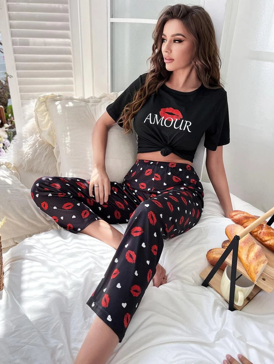 Letter Graphic Printed Tee And Pants Set