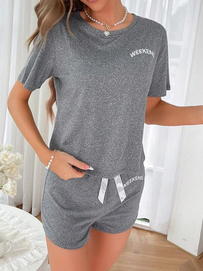 Letter Graphic Tee And Bow Front Shorts Set