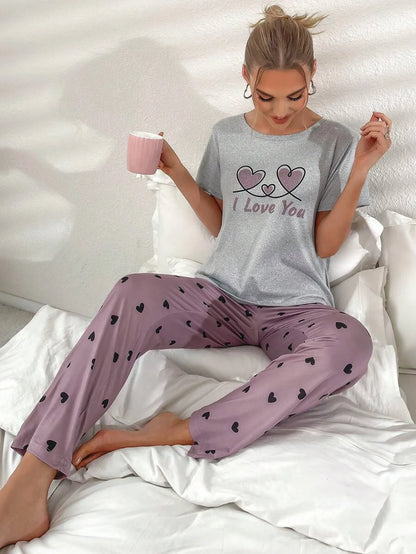 Letter Graphic Tee And Pants Slight Stretch Set