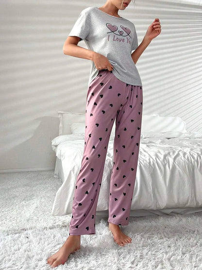 Letter Graphic Tee And Pants Slight Stretch Set