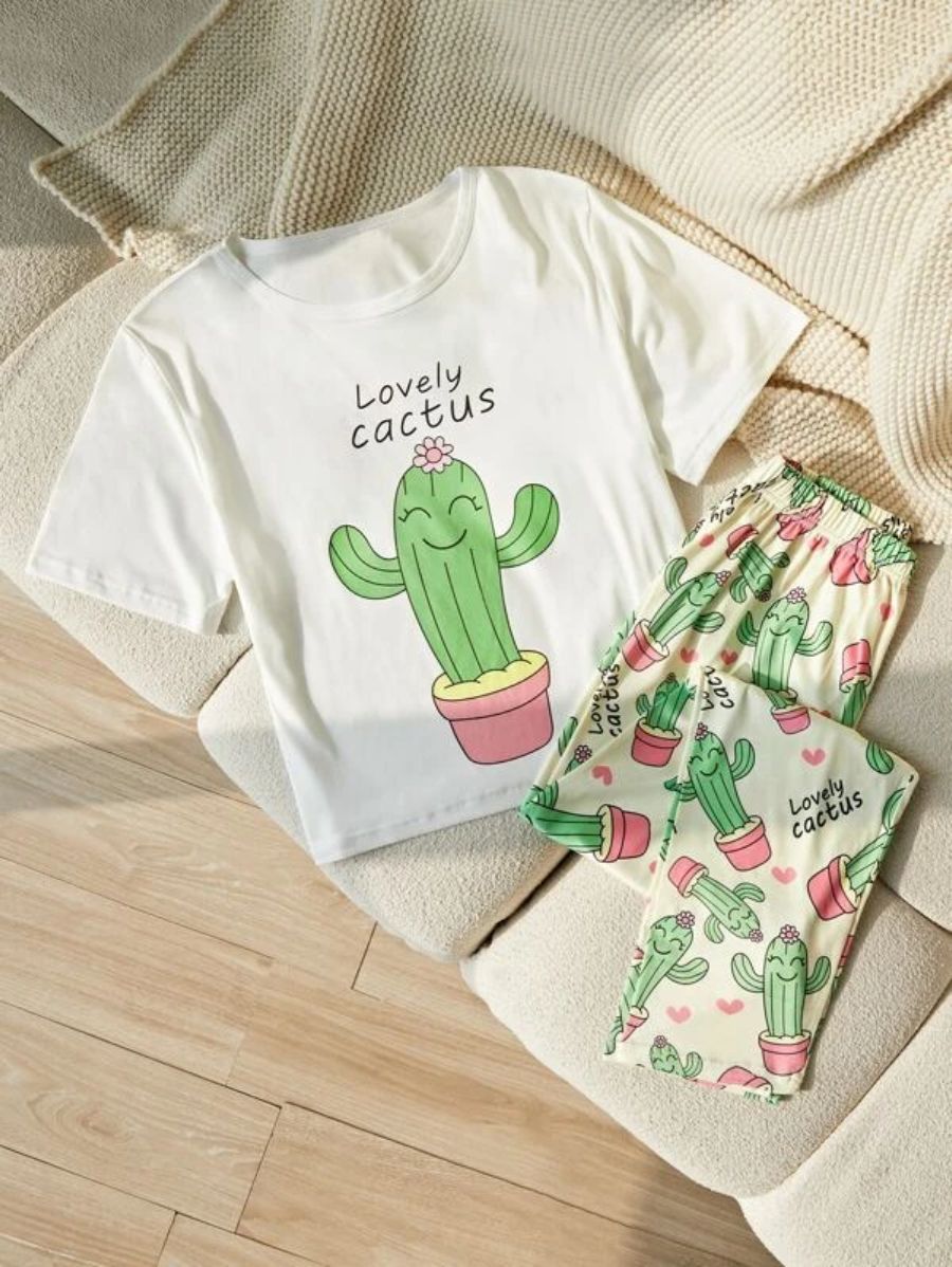 Letter Graphic Tee And Striped Pants Set Green