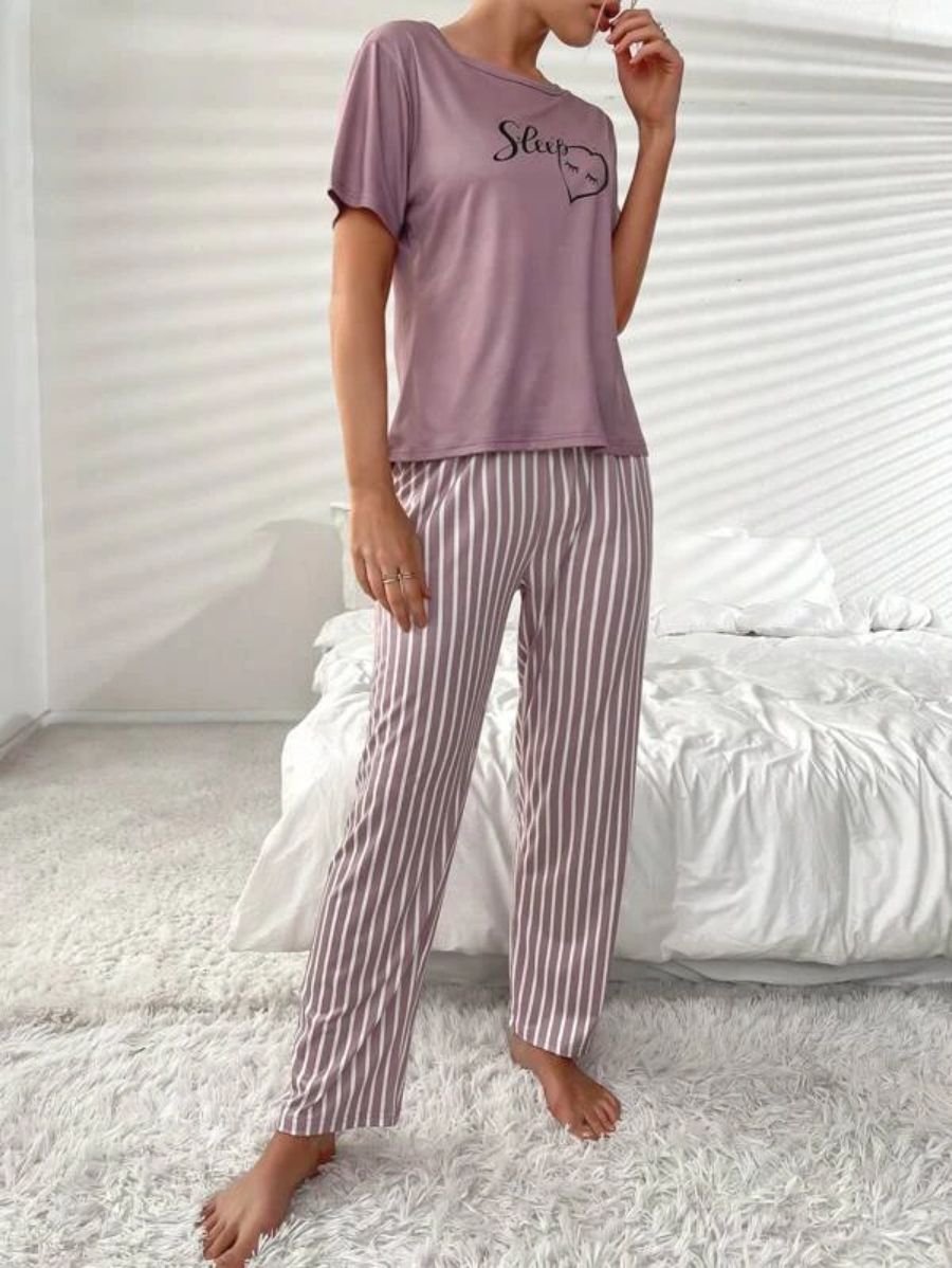 Letter Graphic Tee And Striped Pants Set