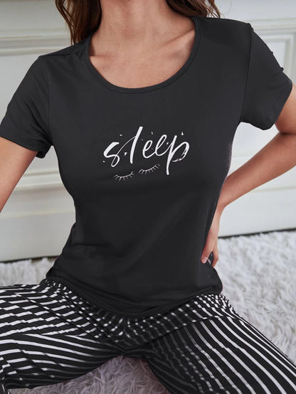 Letter Graphic T Shirt And Striped Pants Set
