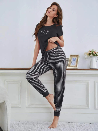 Letter Graphic T Shirt And Striped Pants Set