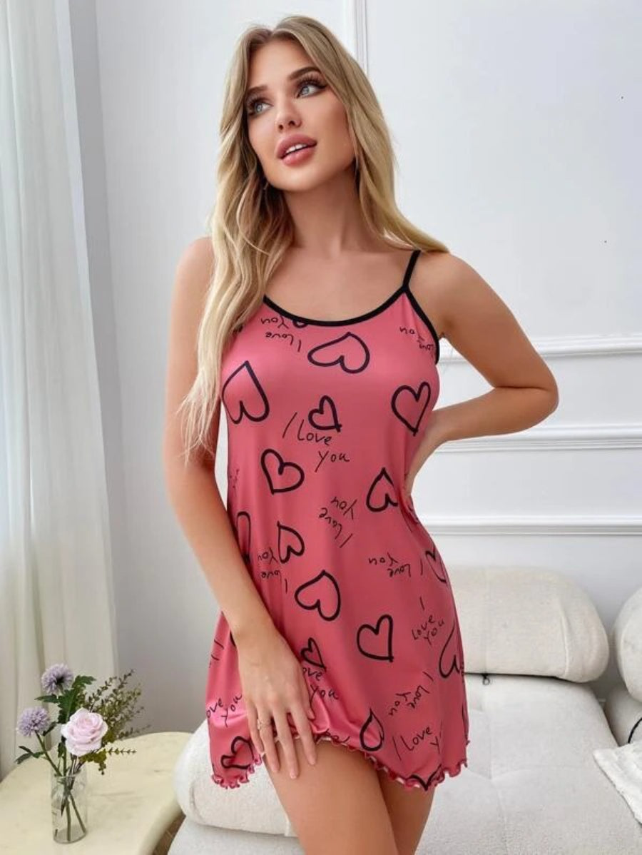 Letter Printed Lettuce Trim Contrast Binding Cami Nightdress