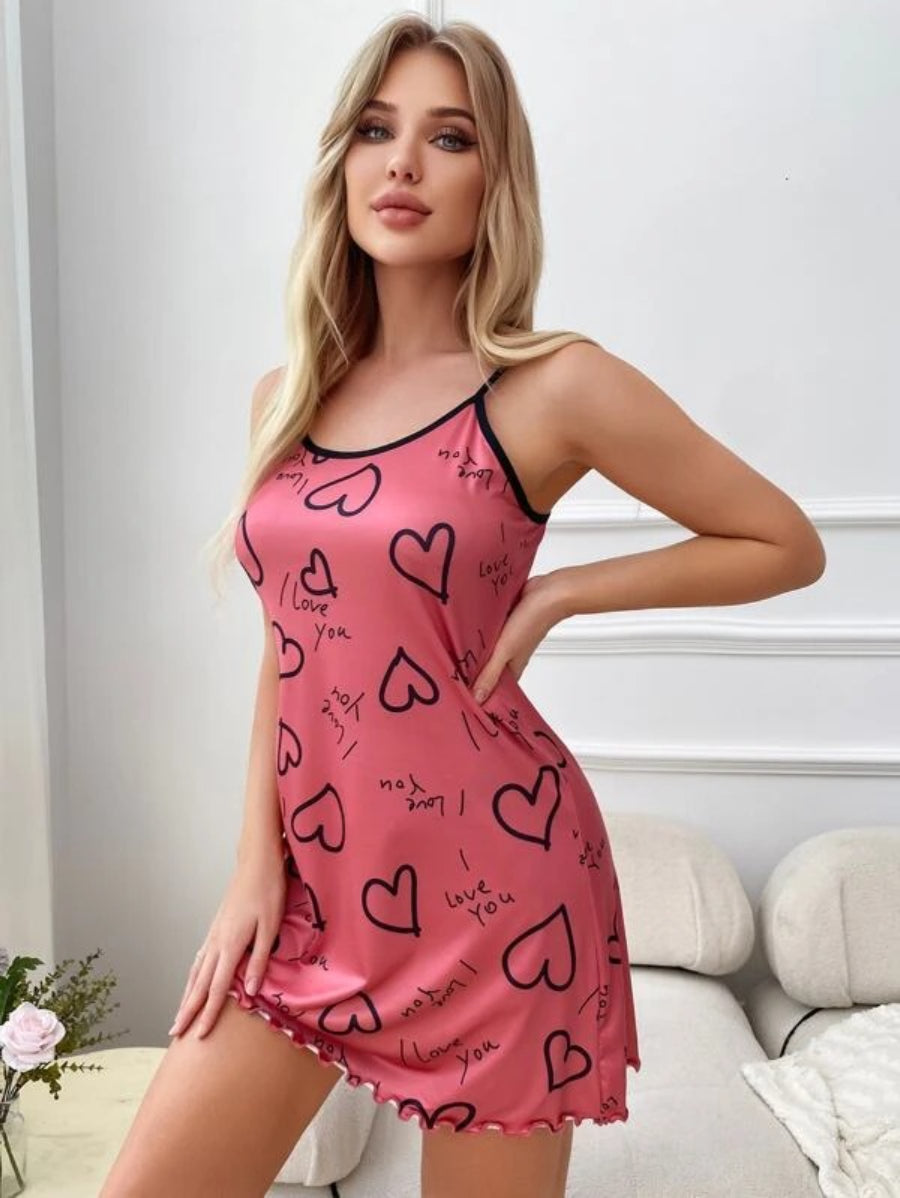 Letter Printed Lettuce Trim Contrast Binding Cami Nightdress