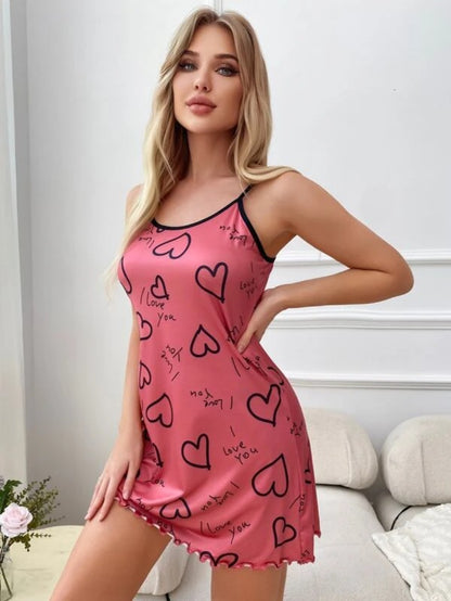 Letter Printed Lettuce Trim Contrast Binding Cami Nightdress