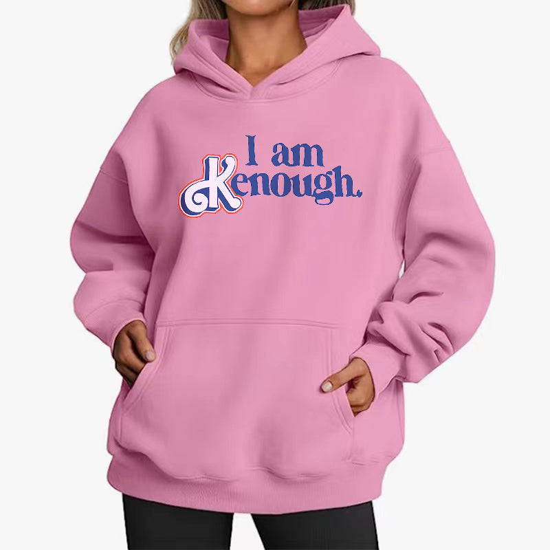 Loose Casual Hoodie With Text Printed Pink