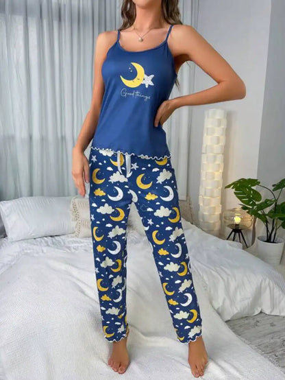 Moon And Star Printed Cami Top And Pajama Set