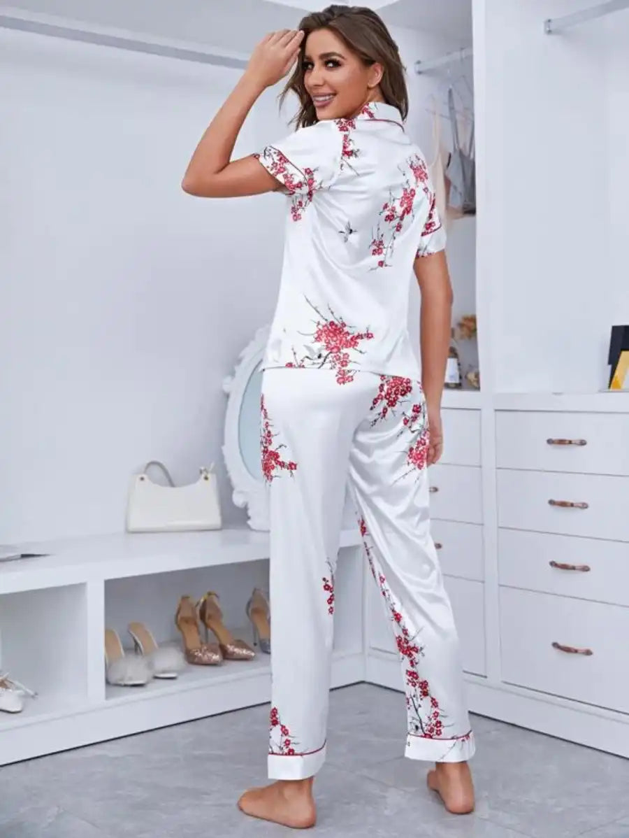 Notch Collar Floral Satin Pajama Set