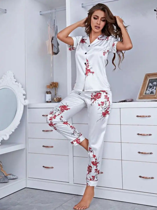 Notch Collar Floral Satin Pajama Set