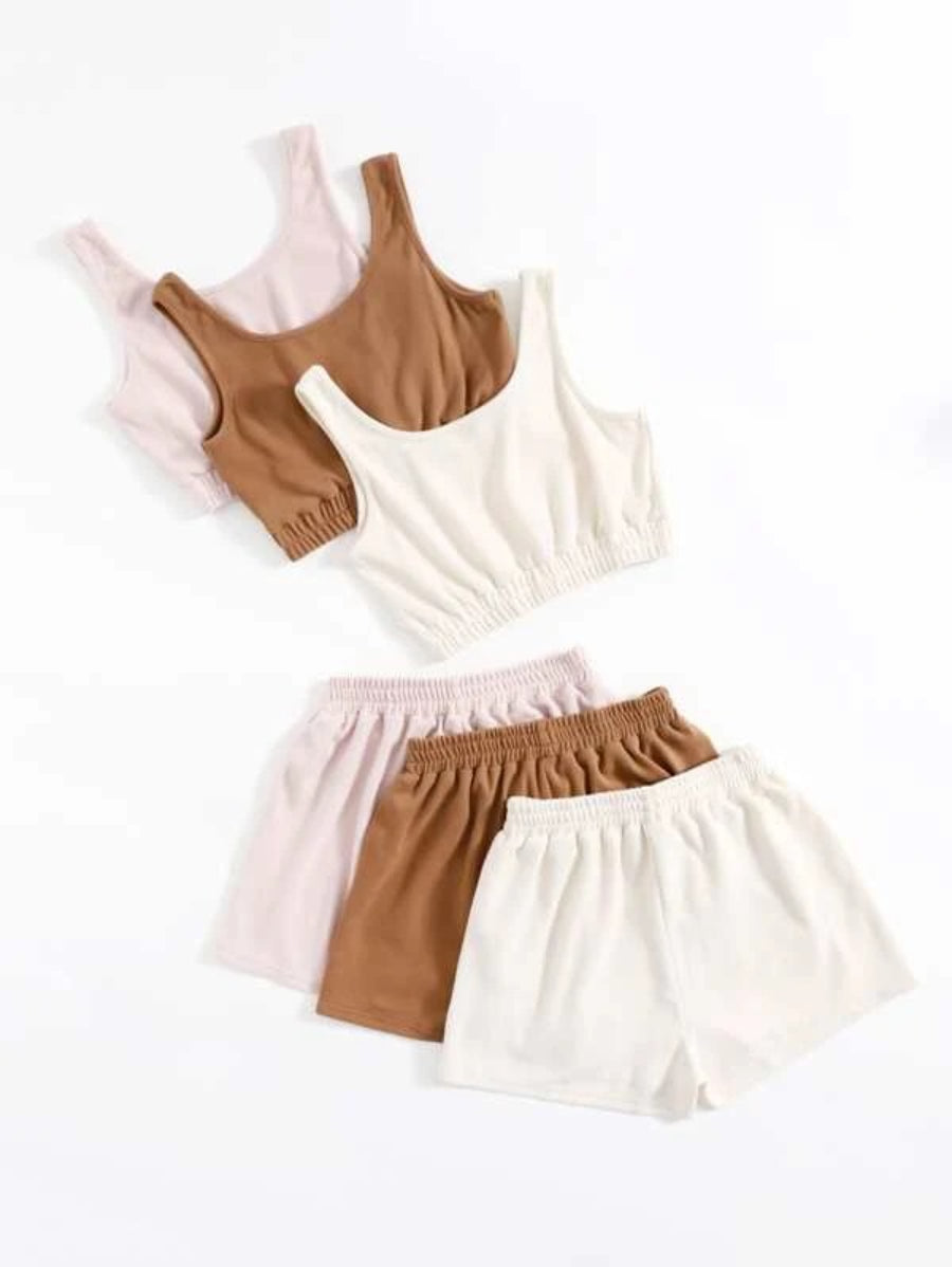 Pack Of 3 Crop Tank Top And Knot Front Shorts Lounge Set