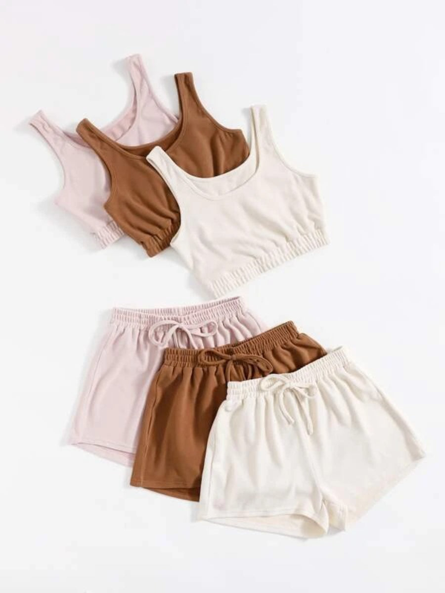 Pack Of 3 Crop Tank Top And Knot Front Shorts Lounge Set
