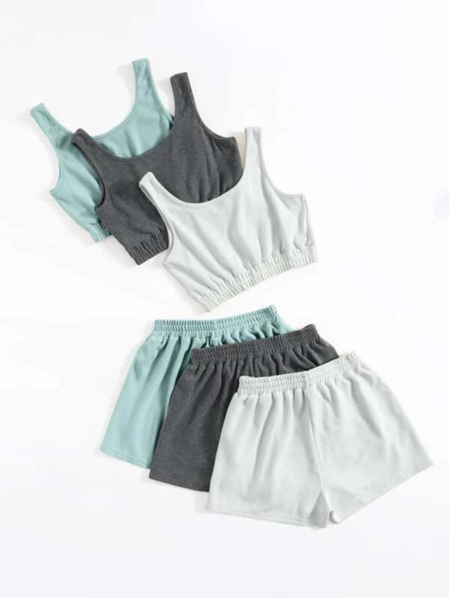 Pack Of 3 Crop Tank Top And Knot Front Shorts Set