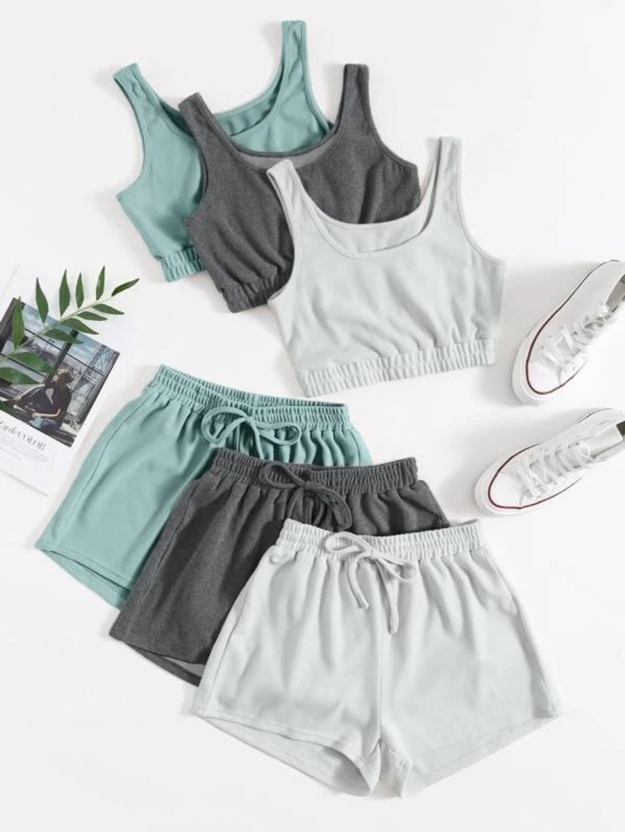 Pack Of 3 Crop Tank Top And Knot Front Shorts Set