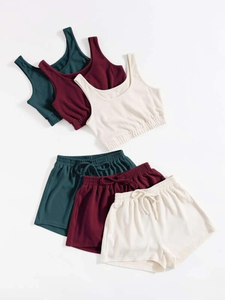 Pack Of 3 Crop Top And Knot Front Shorts Lounge Set