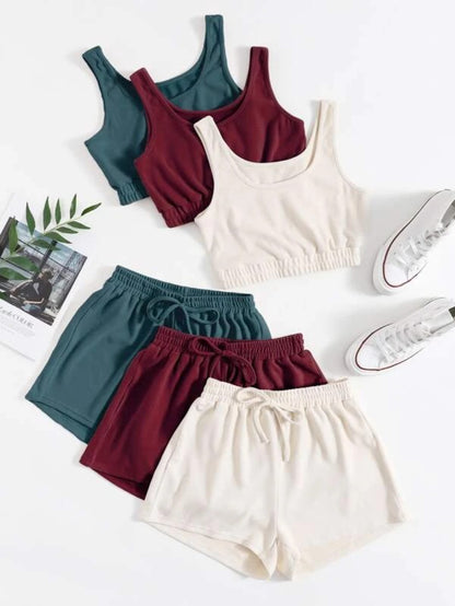 Pack Of 3 Crop Top And Knot Front Shorts Lounge Set