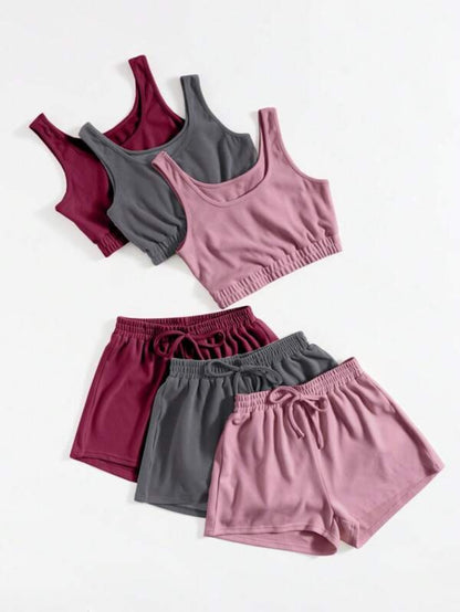 Pack Of 3 Crop Top And Knot Front Shorts Set