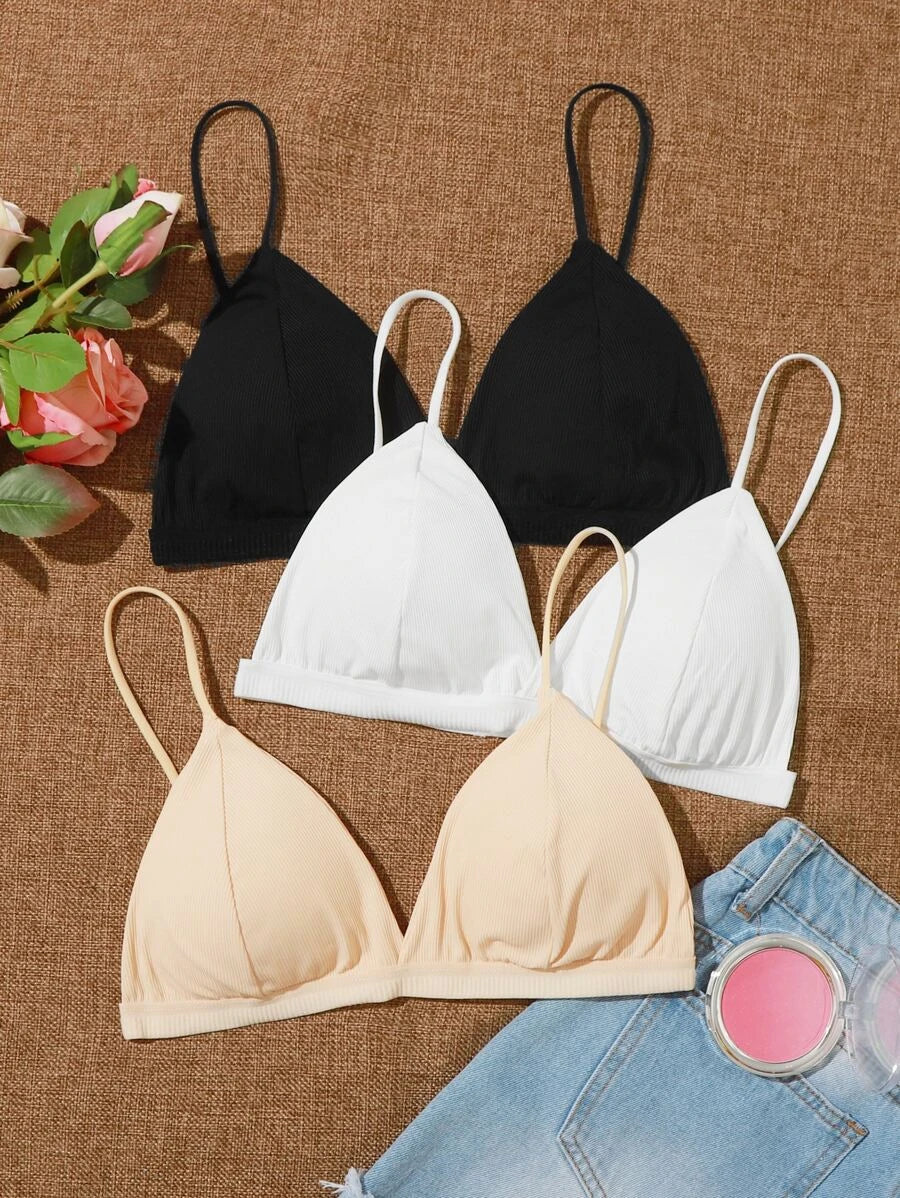 Pack Of 3 Ribbed Triangle Bralette Set One Size