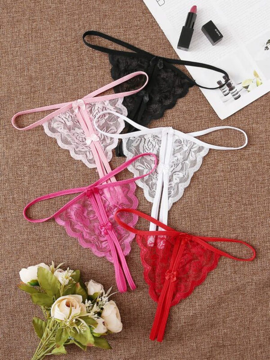 Pack Of 5 Floral Lace Crotchless Thong Set