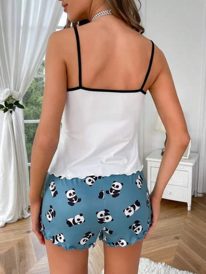 Panda And Letter Graphic Contrast Binding Shorts Set