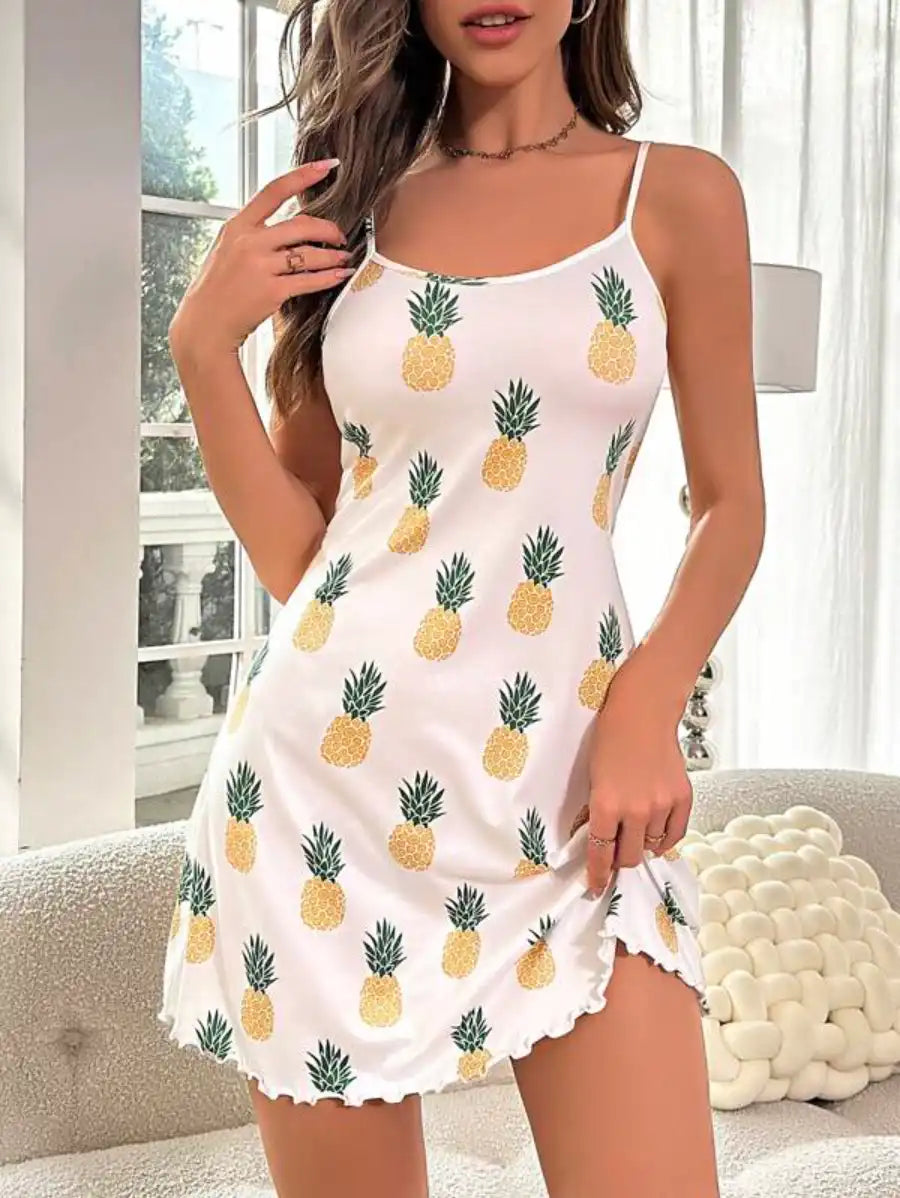 Pineapple Print Lettuce Trim Cami Nightdress