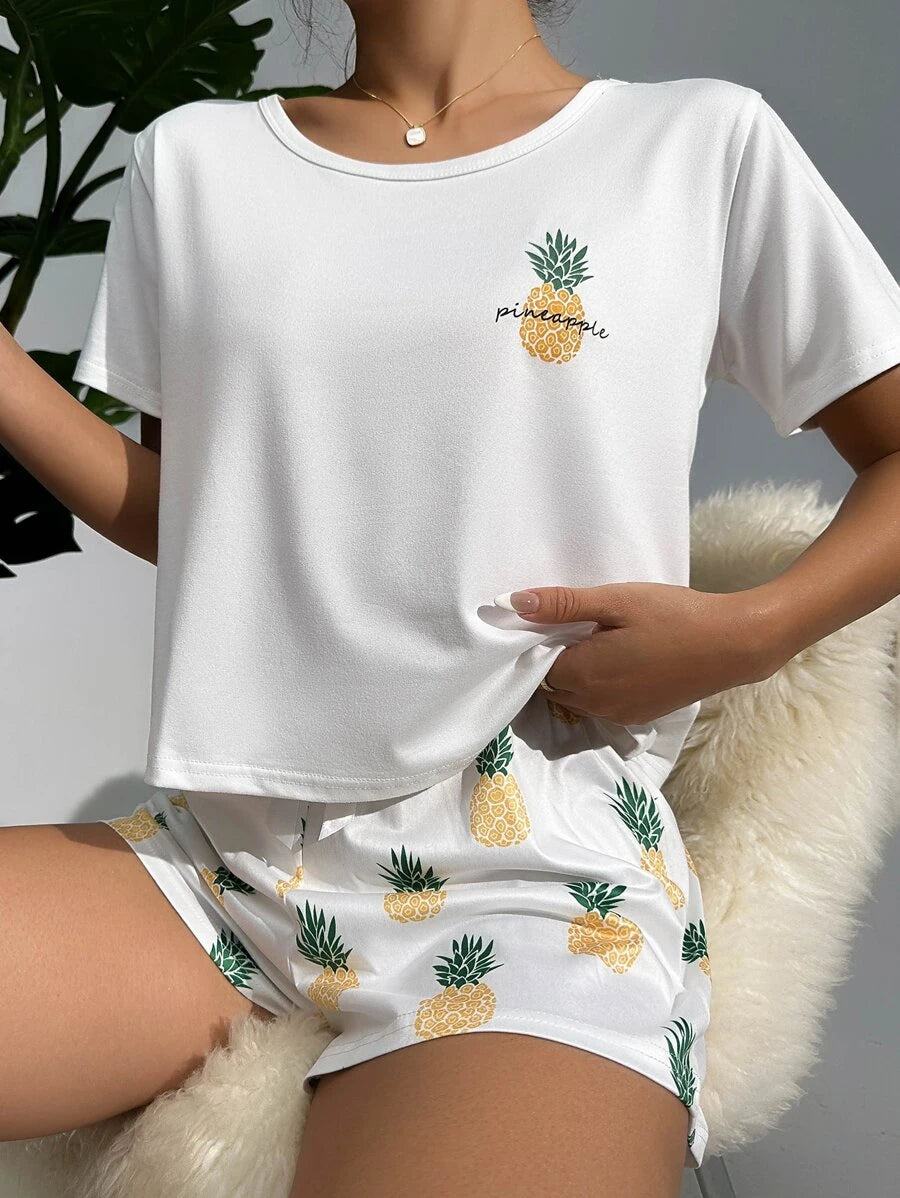 Pineapple Print Tee And Shorts Set