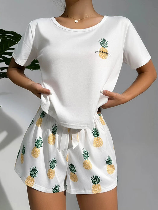 Pineapple Print Tee And Shorts Set