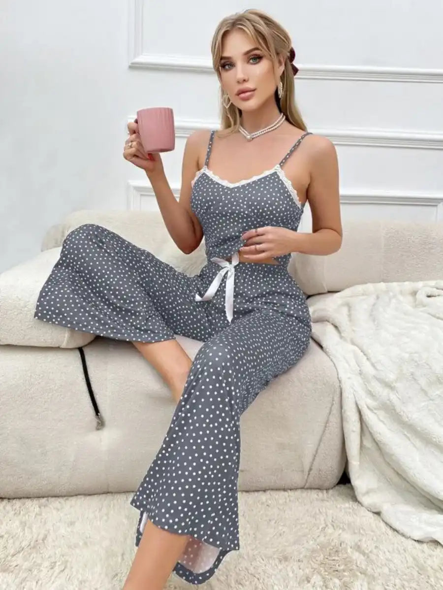 Polka Dot Contrast Lace Bow Front Cami Pajama Set