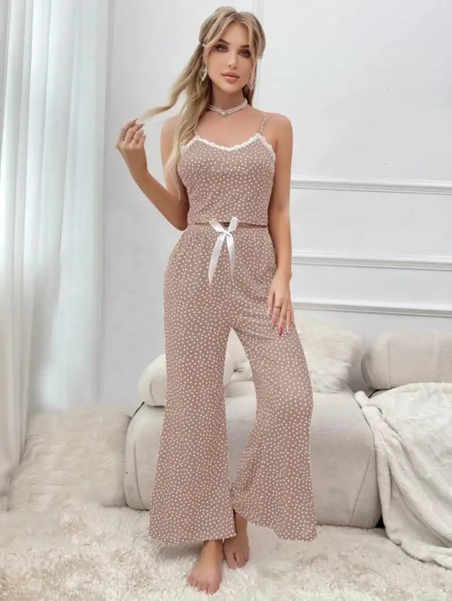 Polka Dot Contrast Lace Bow Front Cami Pajama Set