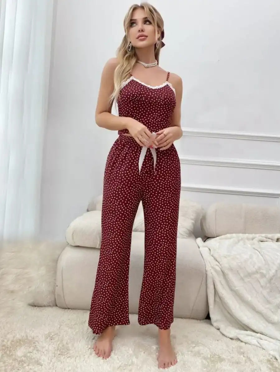 Polka Dot Contrast Lace Bow Front Cami Pajama Set