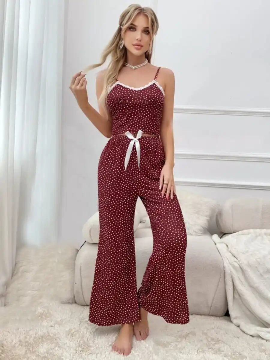 Polka Dot Contrast Lace Bow Front Cami Pajama Set Red